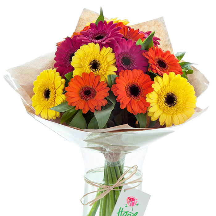 A lavish hand-tied bouquet of Gerbera daisies takes center stage in this detailed scene, meticulously designed by experienced Walworth florists to embody joy and local flair. The flowers themselves shine in electric hues: radiant yellow, warm orange, and saturated magenta, each bloom sporting a dramatic dark core that draws the eye and lends sophisticated contrast. Subtle layers of deep, glossy green foliage break up the color palette, providing a lush backdrop for the cheerful Gerbera faces. The bouquet is enveloped in a sheet of textured kraft paper, rustic yet refined, hinting at the independent spirit of Walworth's creative community. Wrapping all is a layer of crinkled clear cellophane that catches the light and forms a supportive cone, ensuring every petal arrives pristine. The arrangement's stems are visible through the thick glass walls of the vase, resting in fresh, clear water that keeps the bouquet lively-a nod to the importance of freshness in neighborhood flower delivery. Rough-hewn twine binds the stems, from which a white rectangular gift tag with a red rose illustration dangles, the hand-scribed message partially visible, as if promised for a special occasion. Bathed in gentle studio lighting that echoes a London morning, this bouquet is perfect for those celebrating milestones, sending love, or revitalising a home along Walworth's bustling streets.